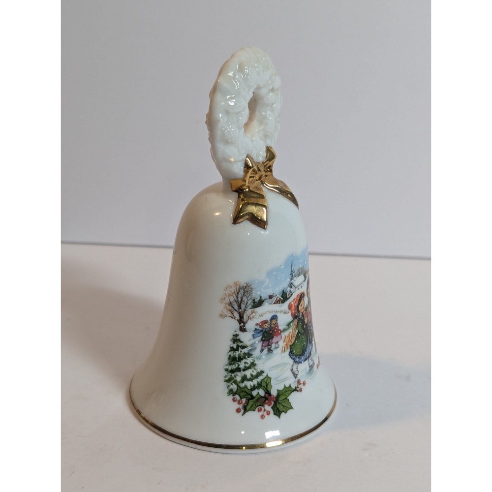 Vintage Avon Christmas Bell 1986 Porcelain‎ Collectible Children Ice Skating EUC